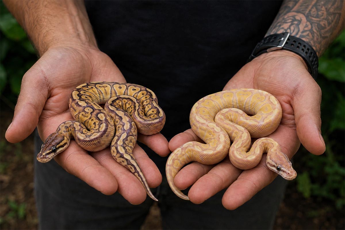 baby ball python morphs being held